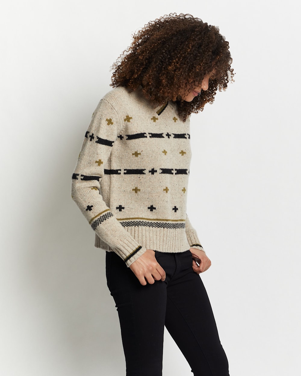 ALTERNATE VIEW OF WOMEN'S HALLIE GRAPHIC MERINO SWEATER IN LIGHT OATMEAL MULTI DONEGAL image number 2