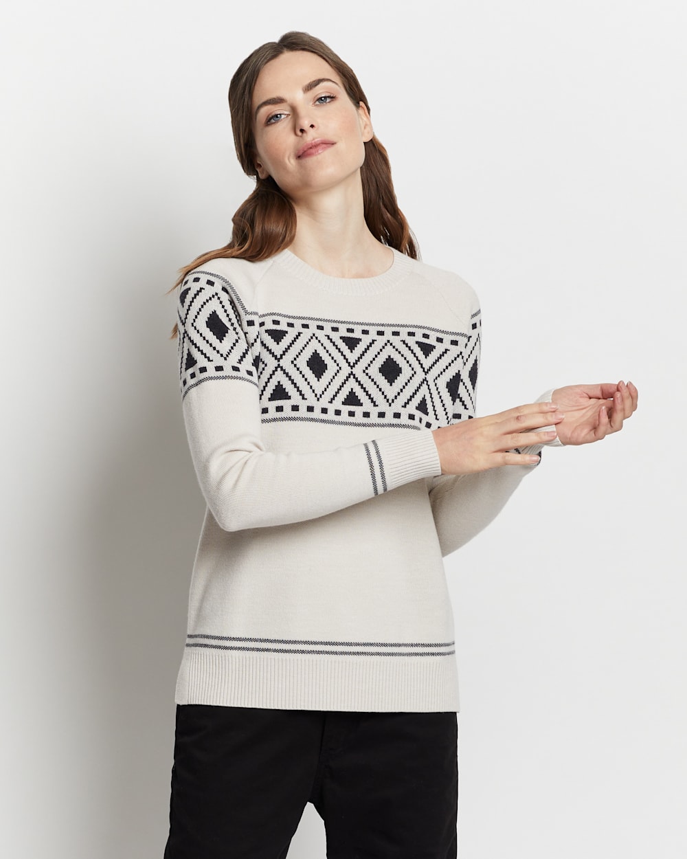 WOMEN'S GRAPHIC MERINO CREWNECK SWEATER IN IVORY/CHARCOAL image number 1