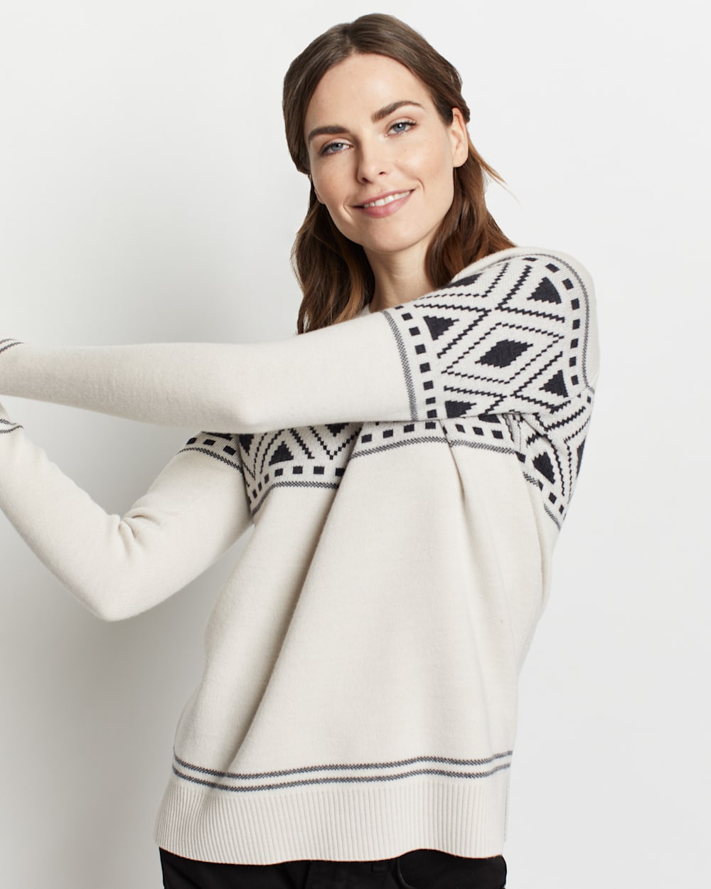 ALTERNATE VIEW OF WOMEN'S GRAPHIC MERINO CREWNECK SWEATER IN IVORY/CHARCOAL image number 2