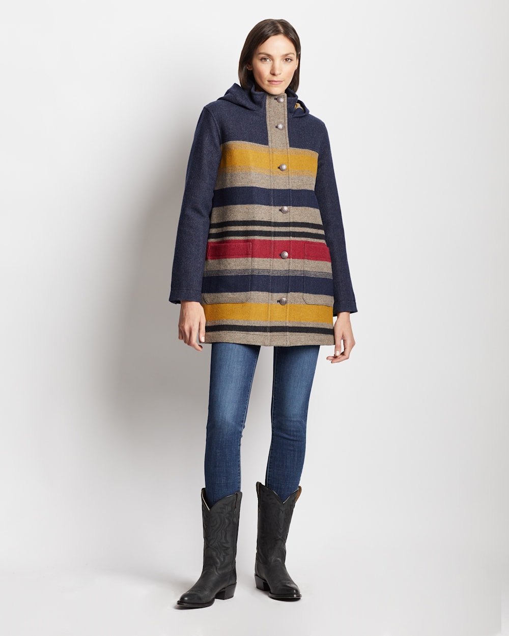 ALTERNATE VIEW OF WOMEN'S CAMP STRIPE WOOL QUILTED PARKA IN NAVY BRIDGER STRIPE image number 4
