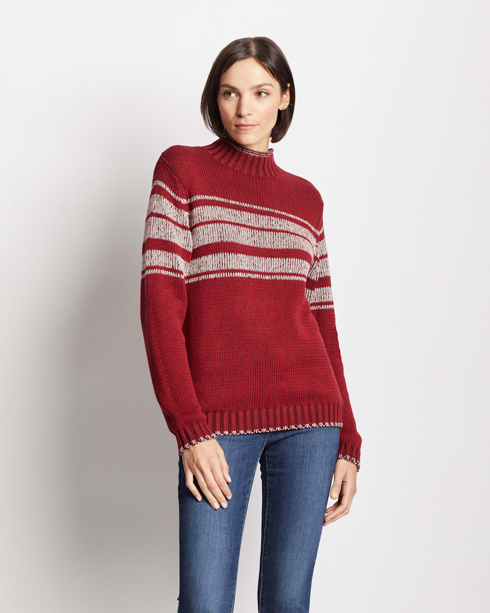 WOMEN'S MOCKNECK RELAXED-FIT SWEATER IN RED/IVORY image number 1