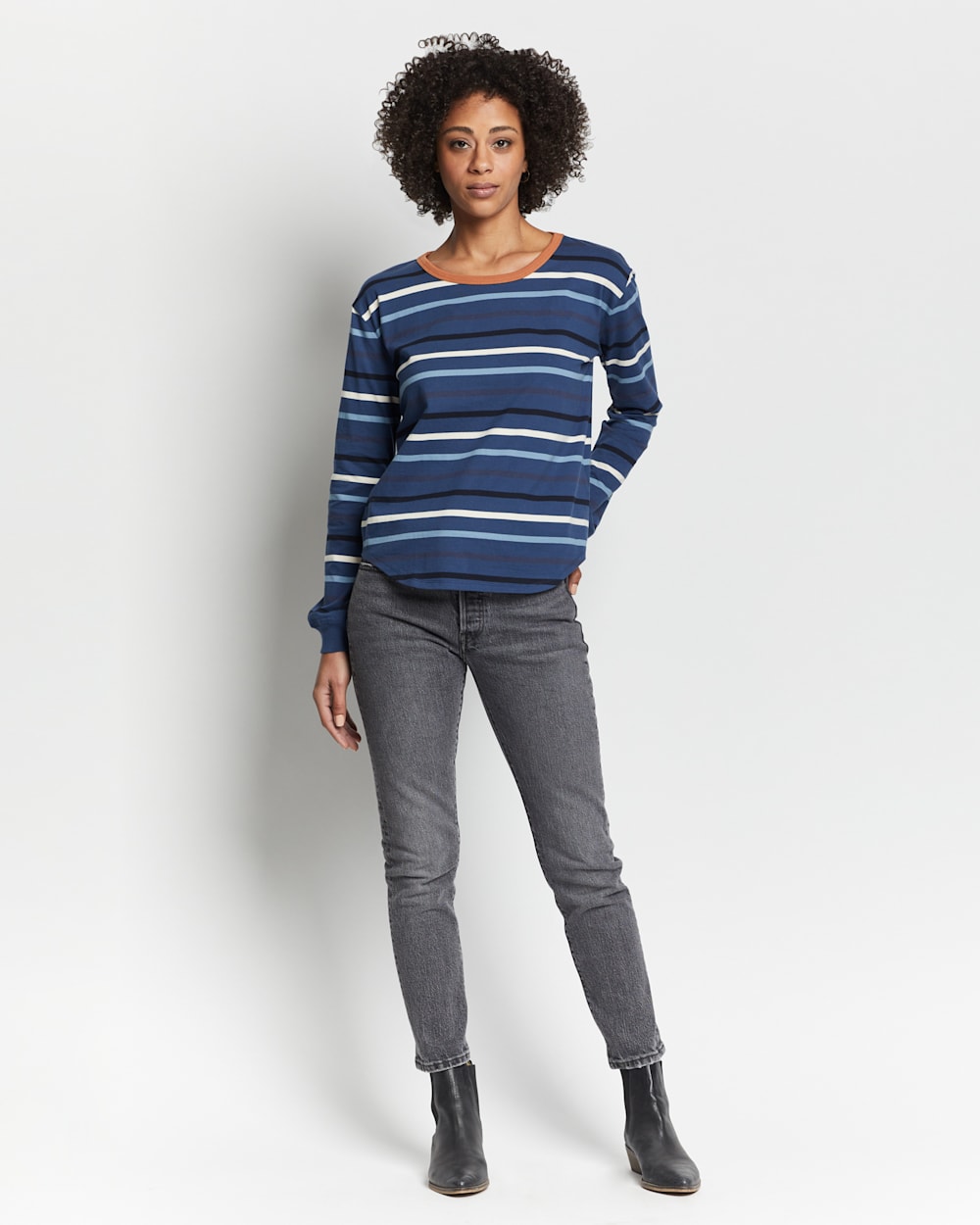 WOMEN'S LONG-SLEEVE DESCHUTES RINGER TEE IN DARK DENIM MULTI STRIPE image number 1