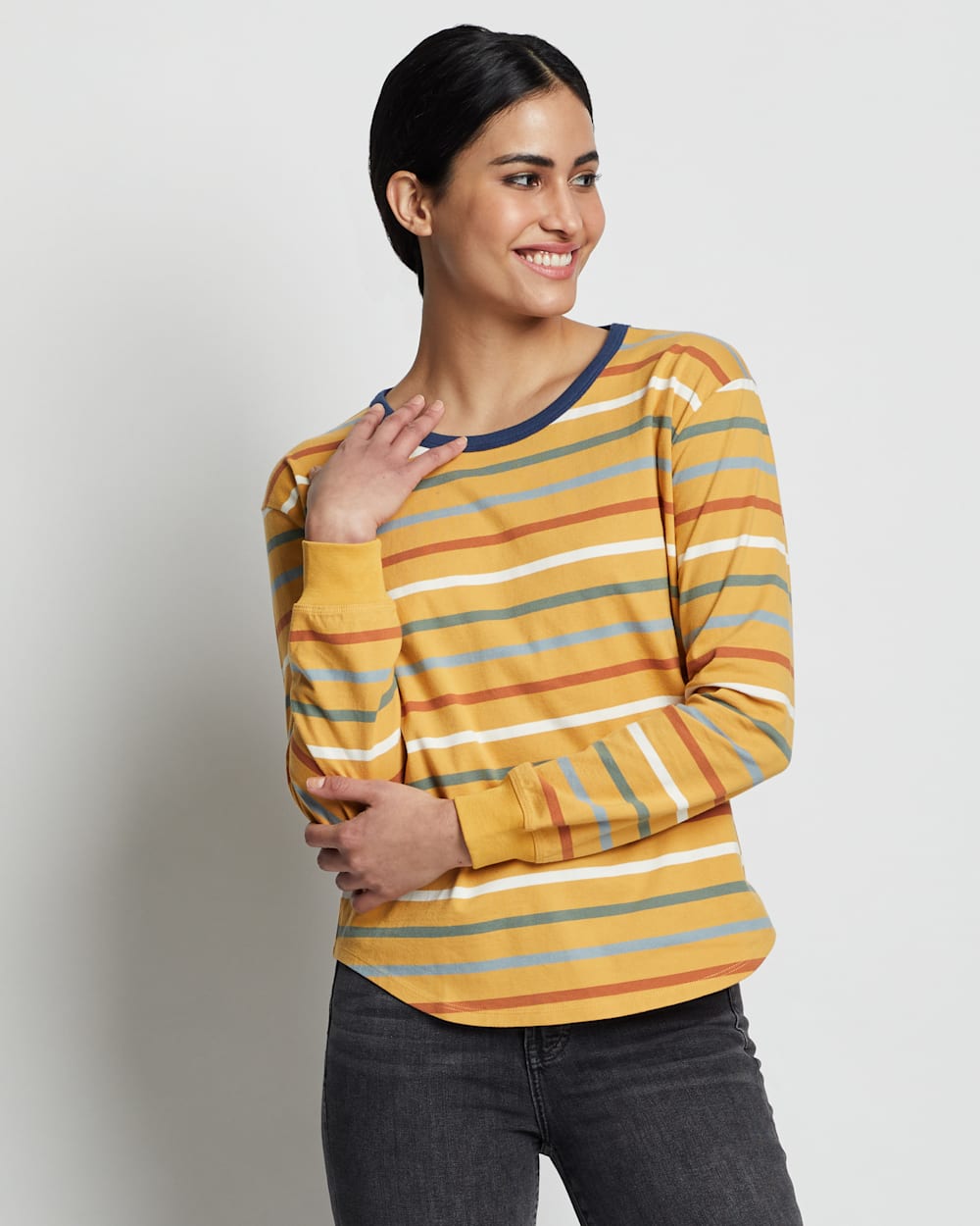WOMEN'S LONG-SLEEVE DESCHUTES RINGER TEE IN GOLDENROD MULTI STRIPE image number 1