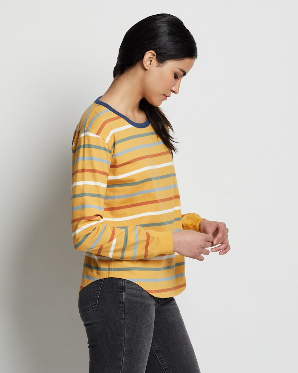ALTERNATE VIEW OF WOMEN'S LONG-SLEEVE DESCHUTES RINGER TEE IN GOLDENROD MULTI STRIPE image number 2