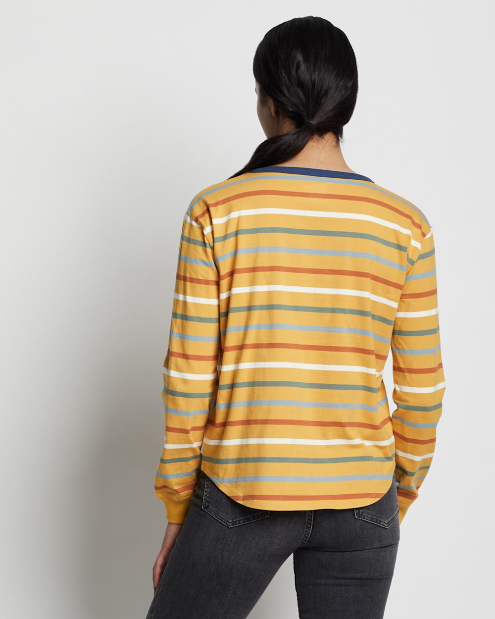 ALTERNATE VIEW OF WOMEN'S LONG-SLEEVE DESCHUTES RINGER TEE IN GOLDENROD MULTI STRIPE image number 3