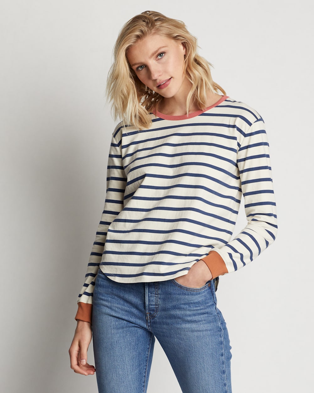 WOMEN'S LONG-SLEEVE DESCHUTES RINGER TEE IN IVORY/NAVY STRIPE image number 1