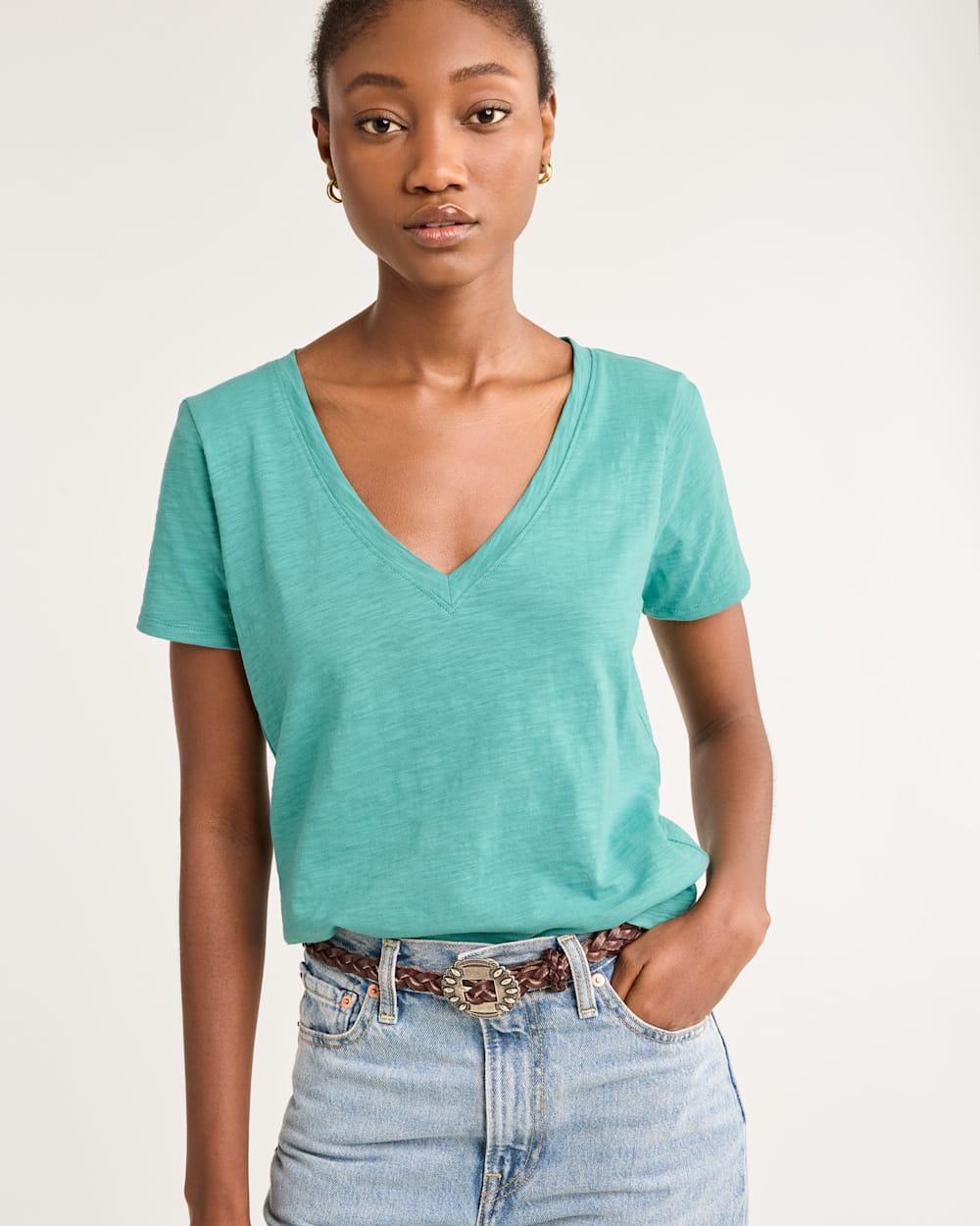 WOMEN'S SHORT-SLEEVE COTTON SLUB TEE IN GREEN/BLUE image number 1