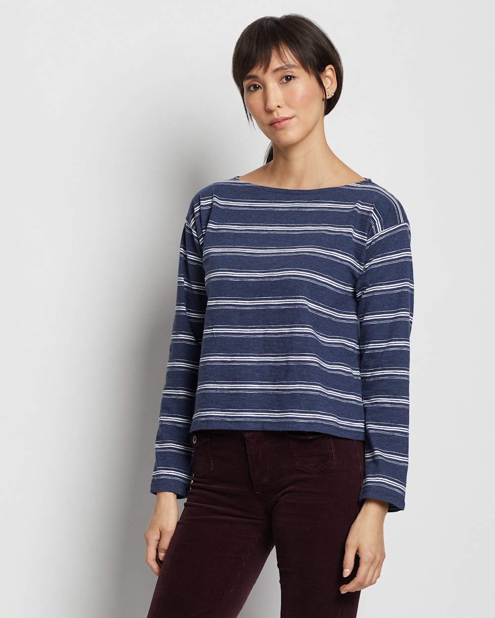 WOMEN'S COTTON SLUB BOATNECK TEE IN INDIGO BLUE/WHITE STRIPE image number 1