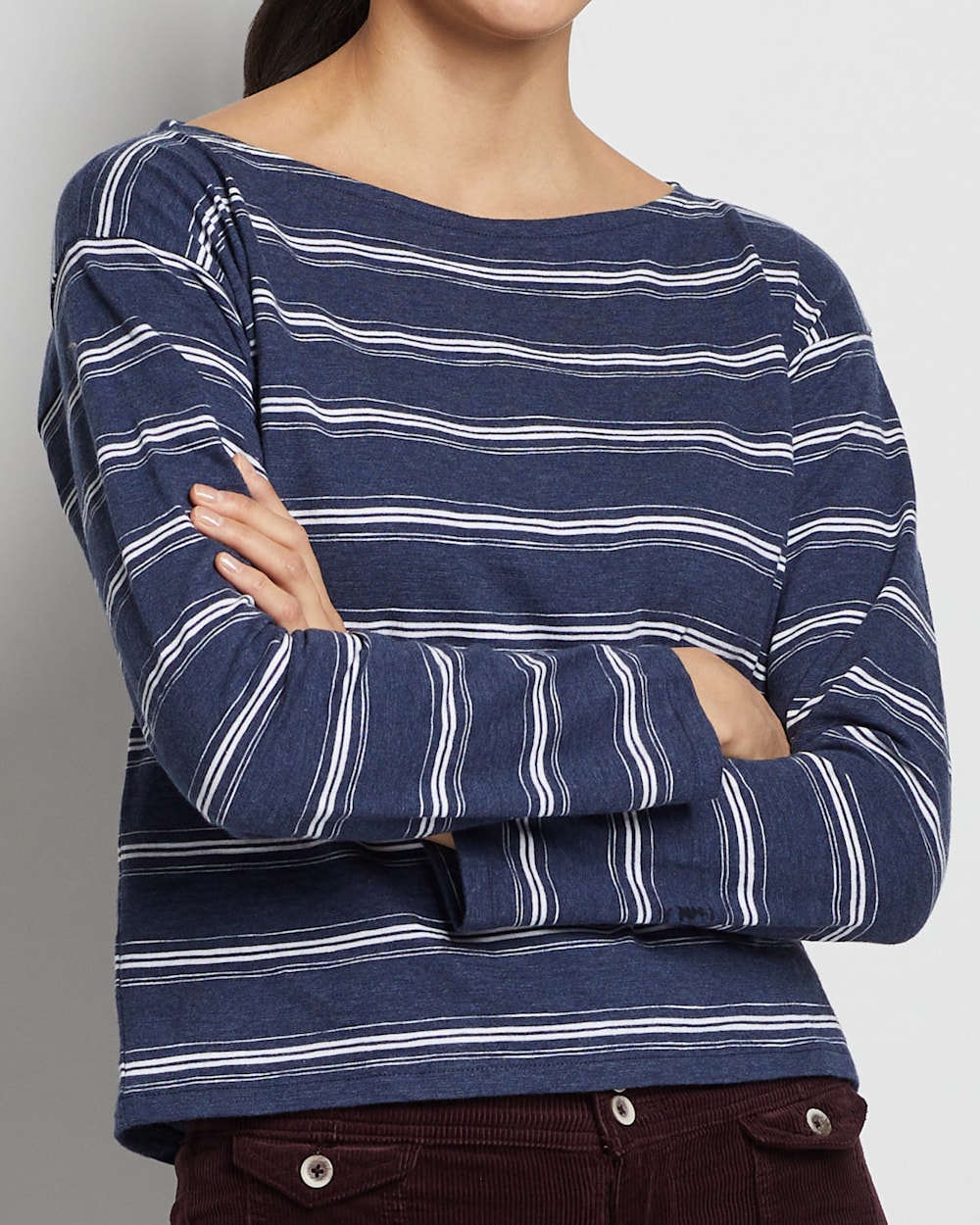 ALTERNATE VIEW OF WOMEN'S COTTON SLUB BOATNECK TEE IN INDIGO BLUE/WHITE STRIPE image number 3
