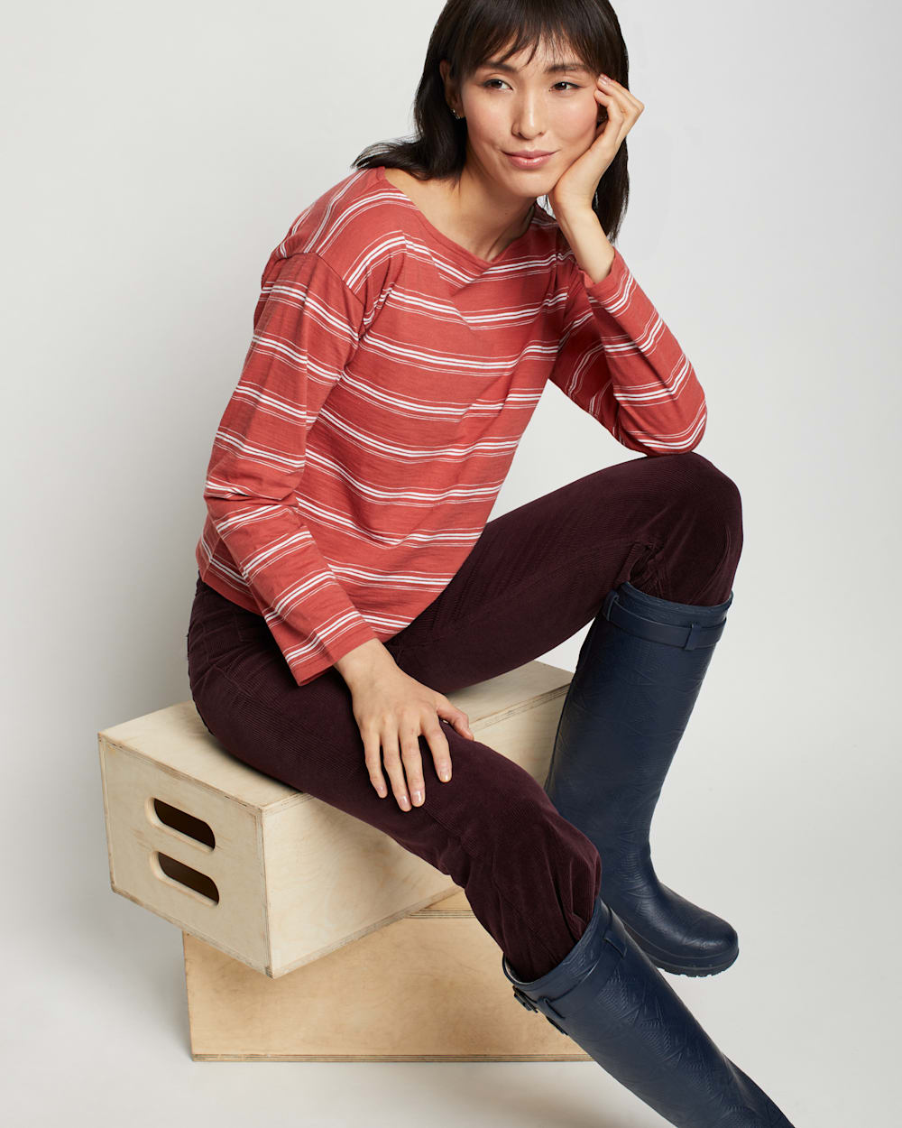 WOMEN'S COTTON SLUB BOATNECK TEE IN SPICE RED/WHITE STRIPE image number 1