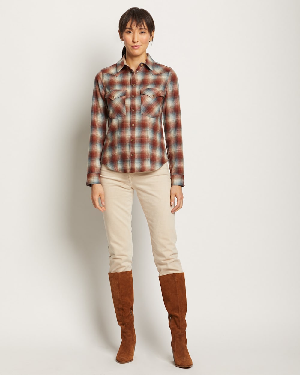 ALTERNATE VIEW OF WOMEN'S SNAP-FRONT CANYON SHIRT IN RUST/BLUE PLAID image number 2