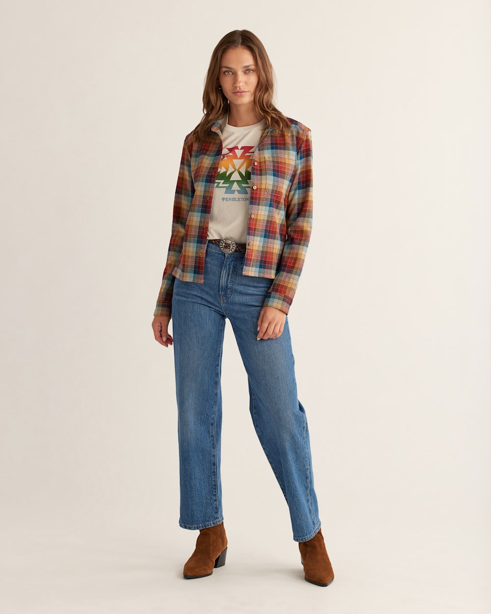 WOMEN'S CROPPED WOOL SHIRT IN BRICK MULTI CHECK image number 1