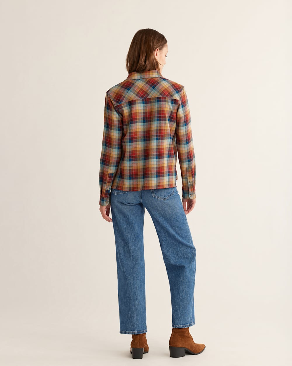 ALTERNATE VIEW OF WOMEN'S CROPPED WOOL SHIRT IN BRICK MULTI CHECK image number 3