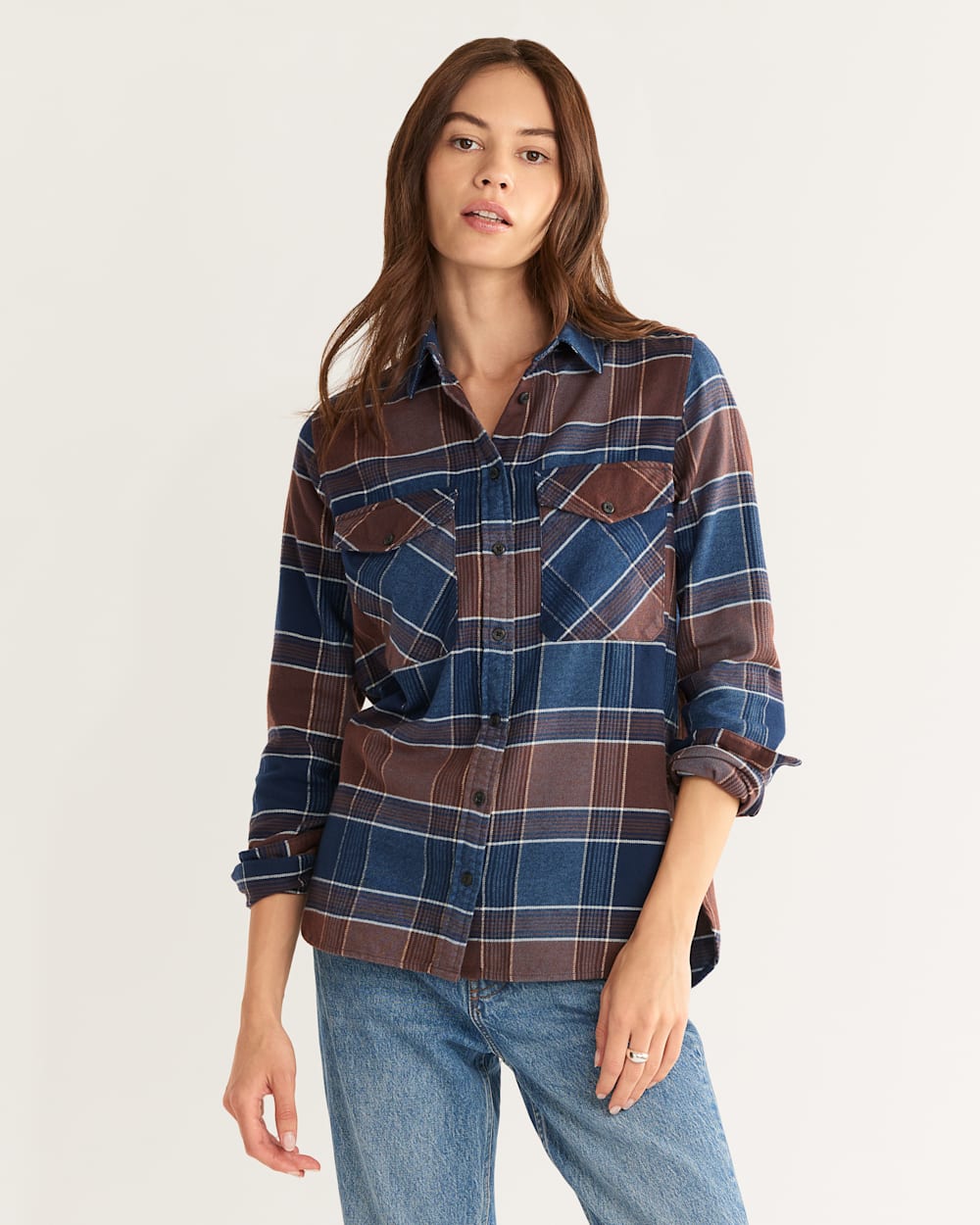 WOMEN'S MADISON DOUBLE-BRUSHED FLANNEL SHIRT IN BROWN/TURQUOISE MULTI PLAID image number 1
