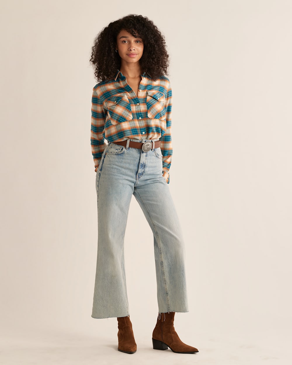 WOMEN'S MADISON DOUBLE-BRUSHED FLANNEL SHIRT IN DUSK BLUE/ORANGE OMBRE image number 1