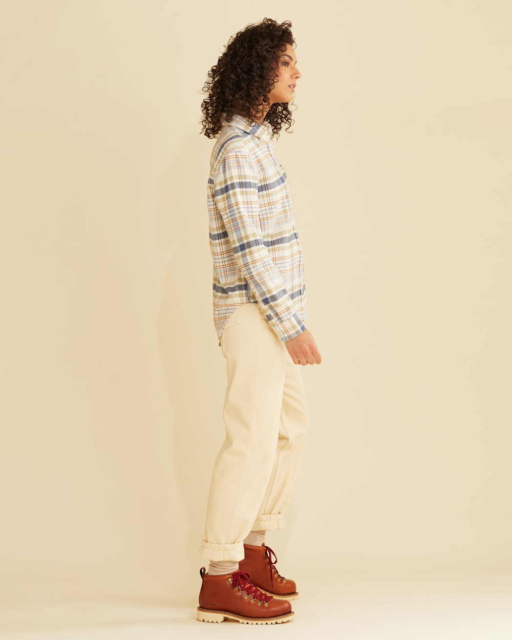 ALTERNATE VIEW OF WOMEN'S BOYFRIEND DOUBLE-BRUSHED FLANNEL SHIRT IN IVORY/INDIGO PLAID image number 2