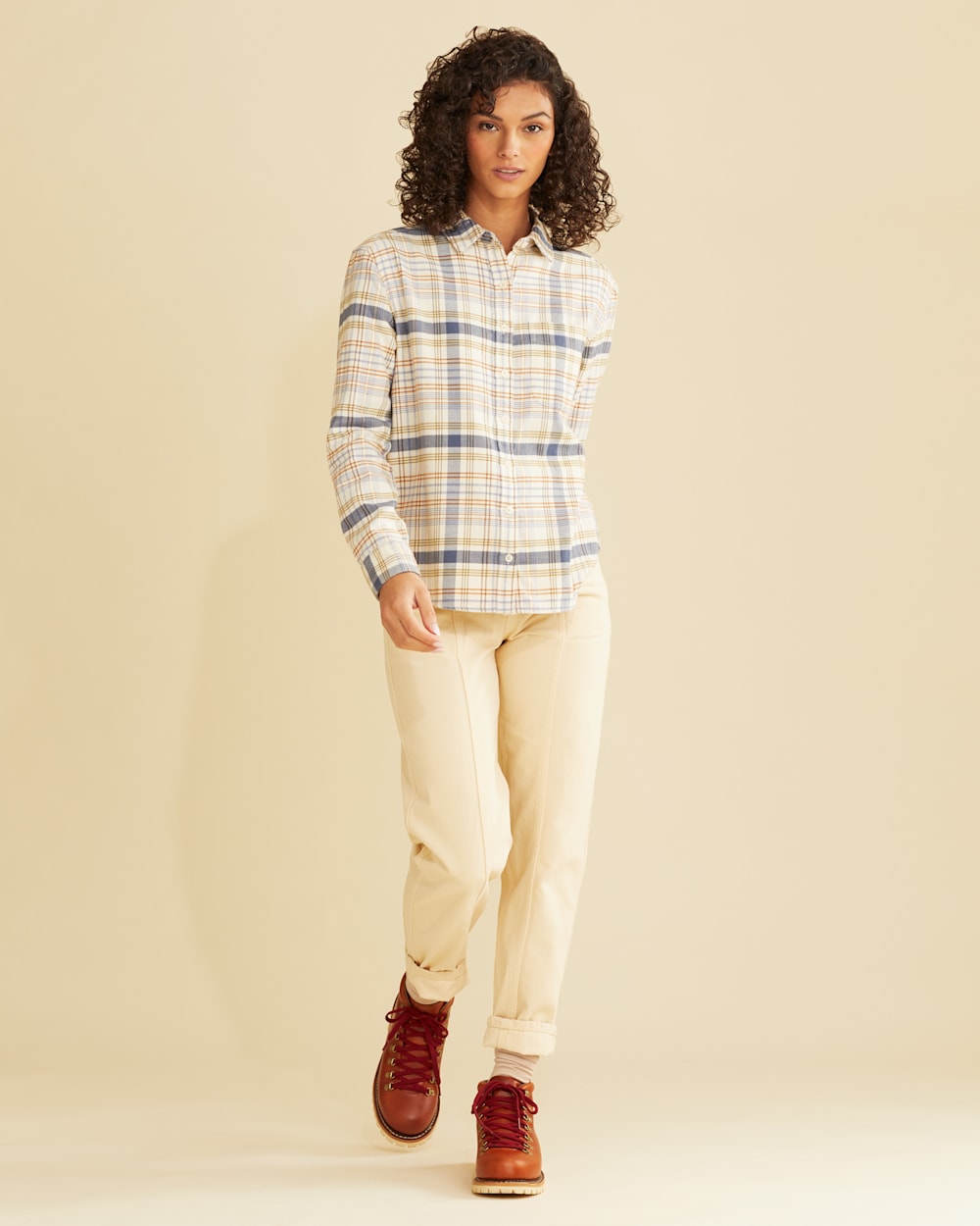 ALTERNATE VIEW OF WOMEN'S BOYFRIEND DOUBLE-BRUSHED FLANNEL SHIRT IN IVORY/INDIGO PLAID image number 5
