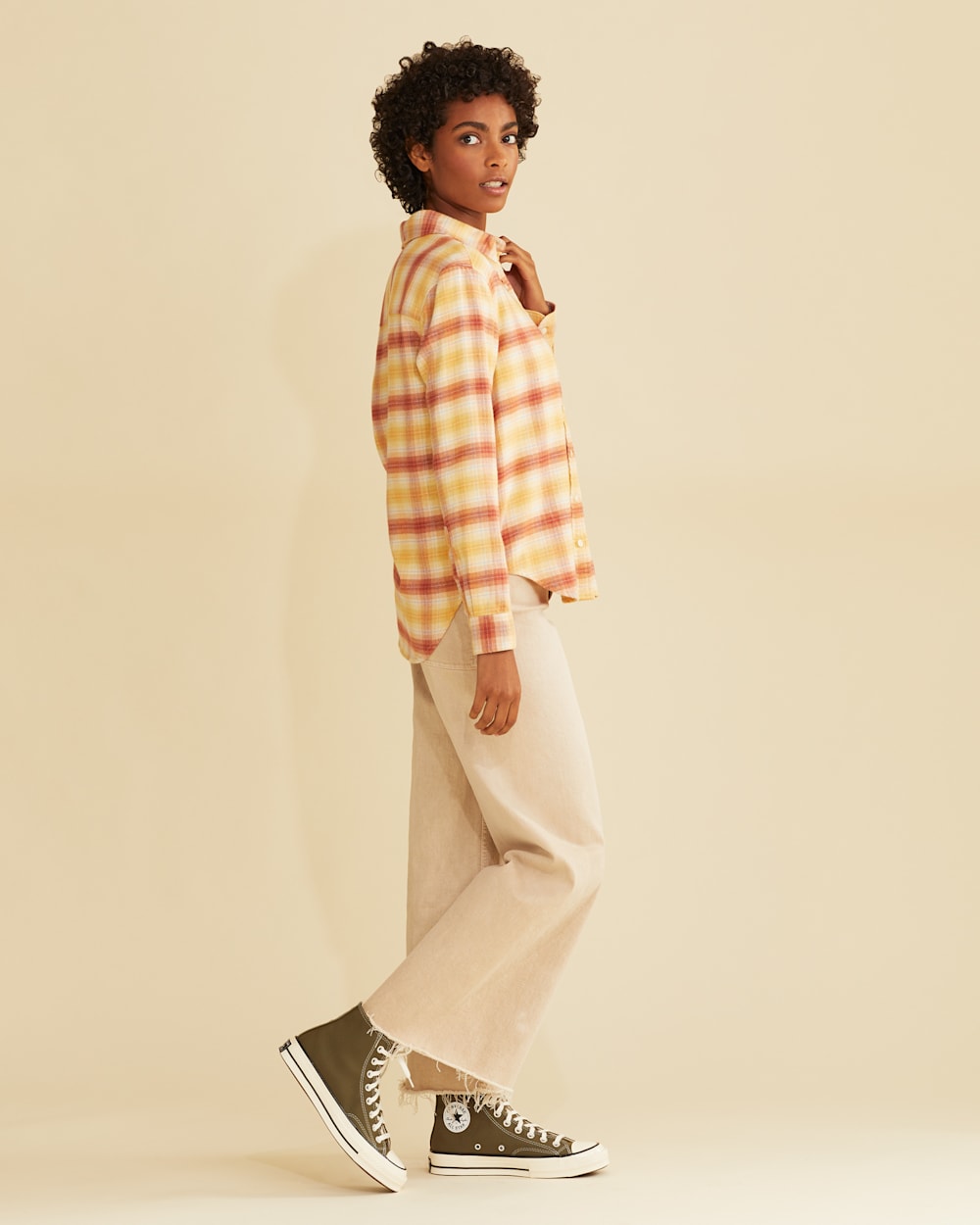 ALTERNATE VIEW OF WOMEN'S BOYFRIEND DOUBLE-BRUSHED FLANNEL SHIRT IN SAHARA SAND/REDWOOD PLAID image number 2