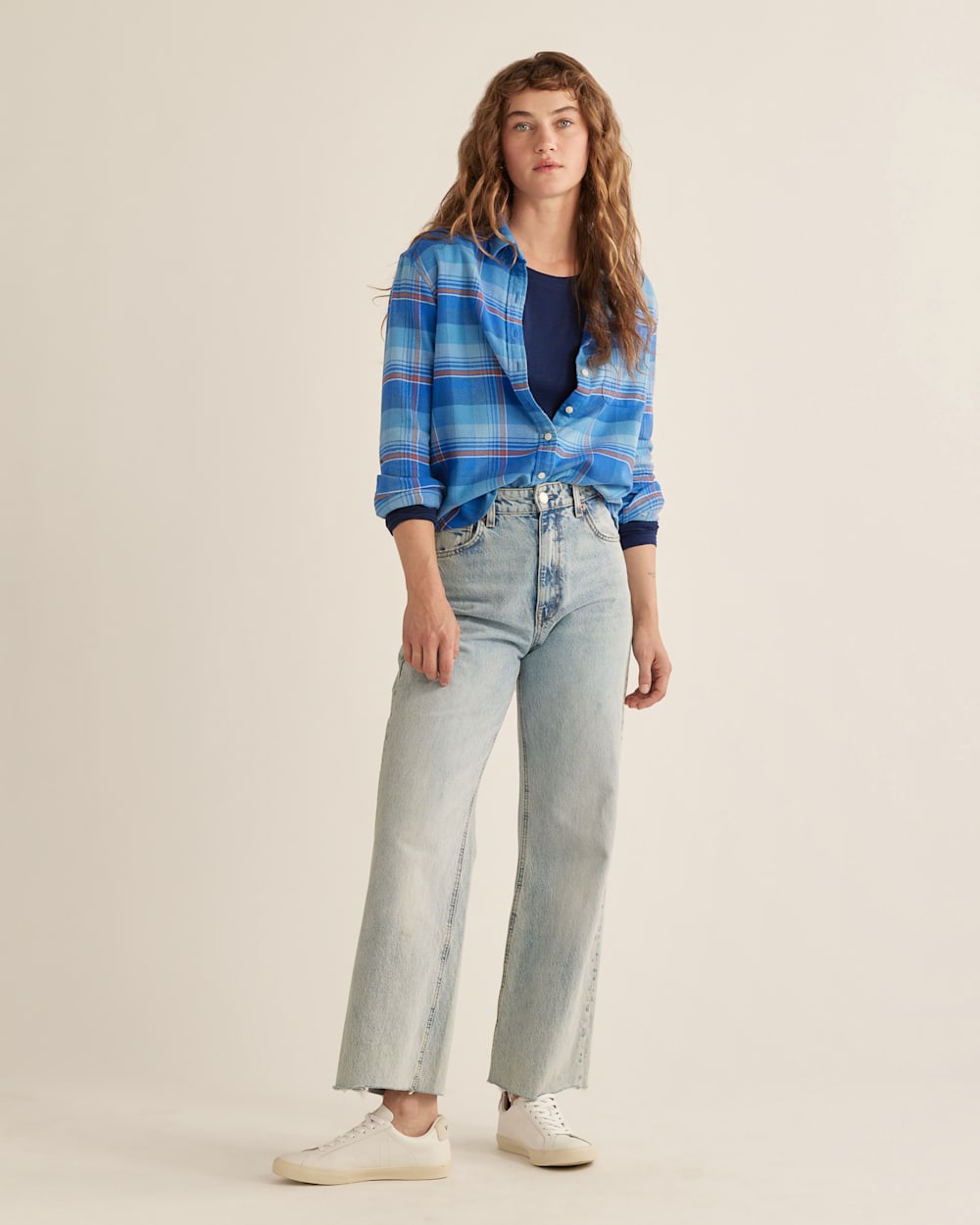 WOMEN'S BOYFRIEND DOUBLE-BRUSHED FLANNEL SHIRT IN BLUE/REDWOOD PLAID image number 1