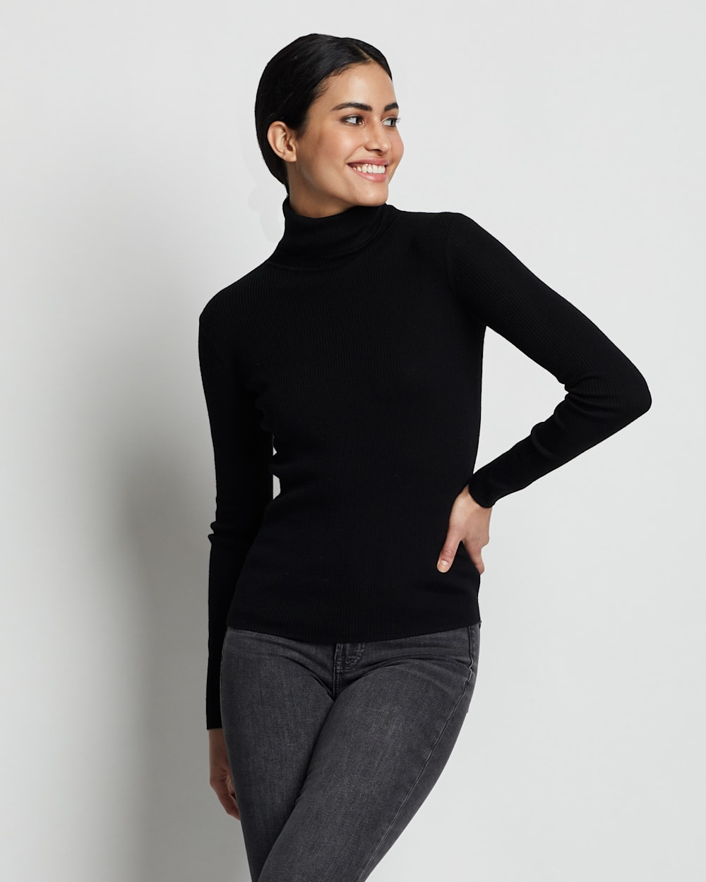 ALTERNATE VIEW OF WOMEN'S FITTED MERINO TURTLENECK IN BLACK image number 3