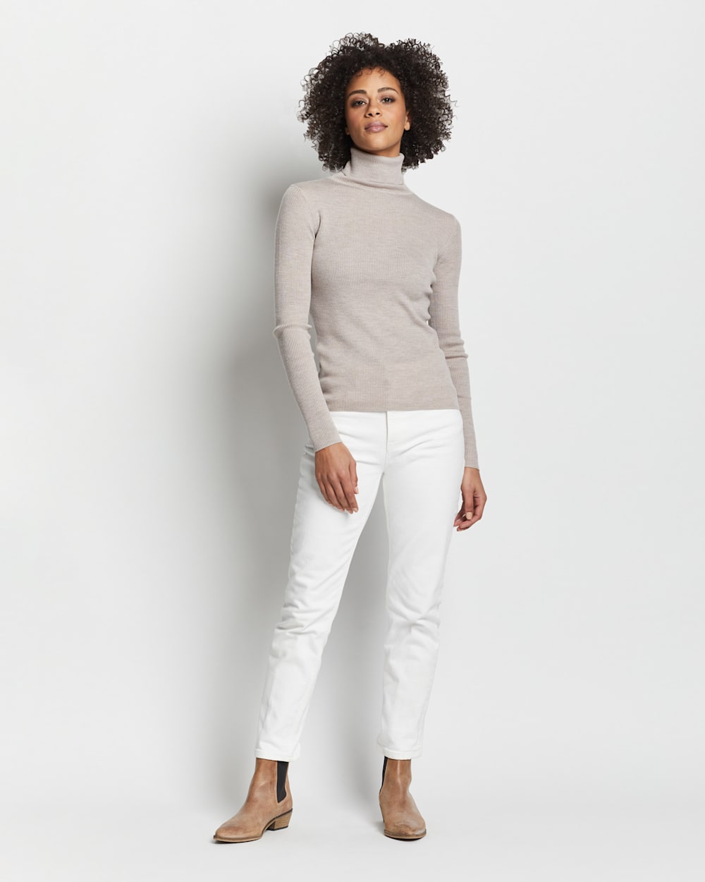 WOMEN'S RIB MERINO TURTLENECK IN SOFT TAUPE HEATHER image number 1