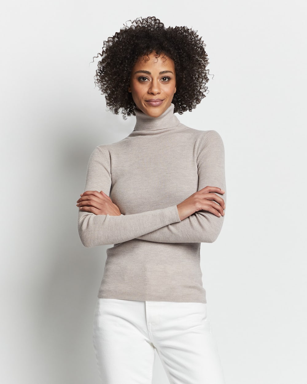 ALTERNATE VIEW OF WOMEN'S RIB MERINO TURTLENECK IN SOFT TAUPE HEATHER image number 3