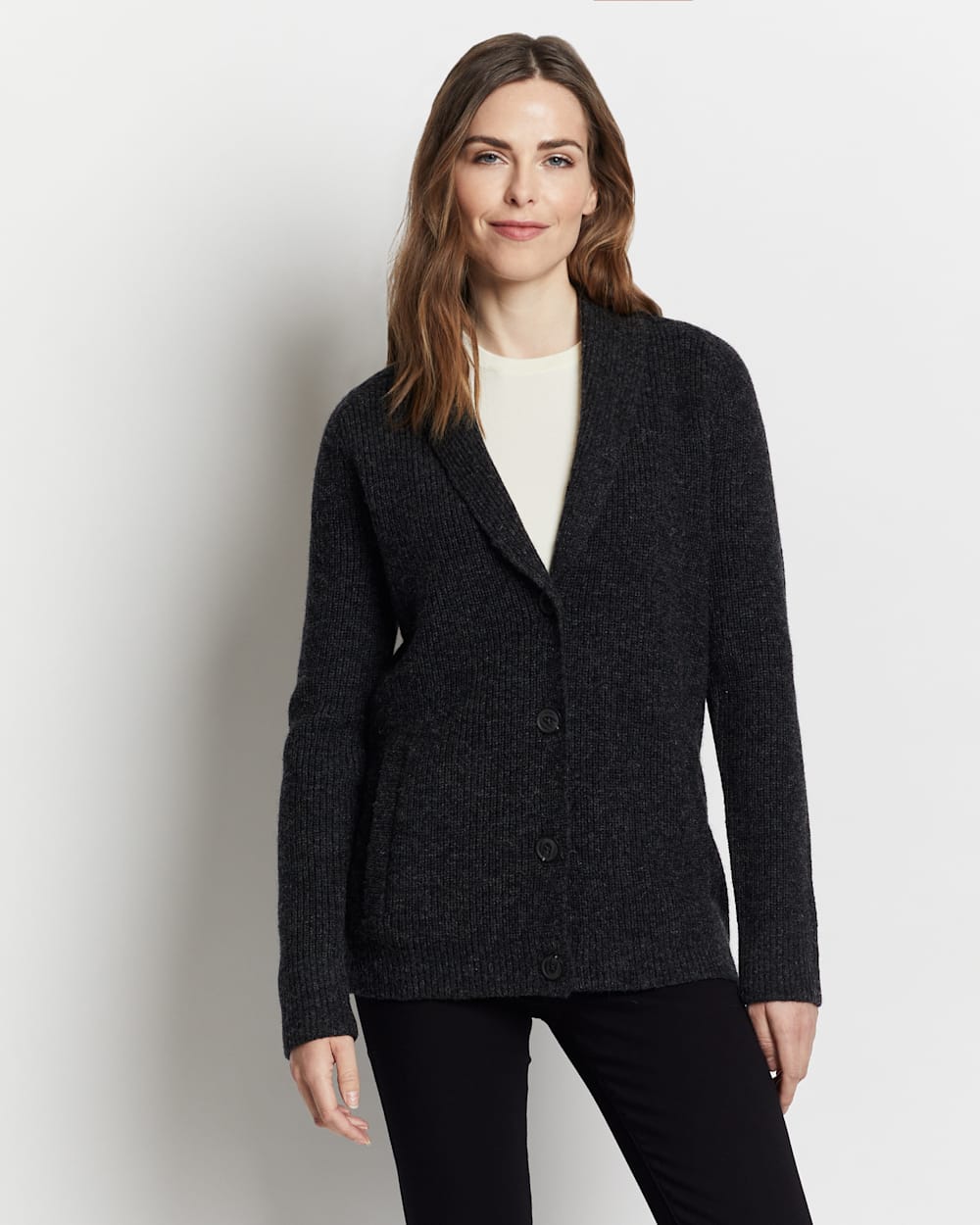 WOMEN'S SHAWL-COLLAR SHETLAND CARDIGAN IN BLACK HEATHER image number 1