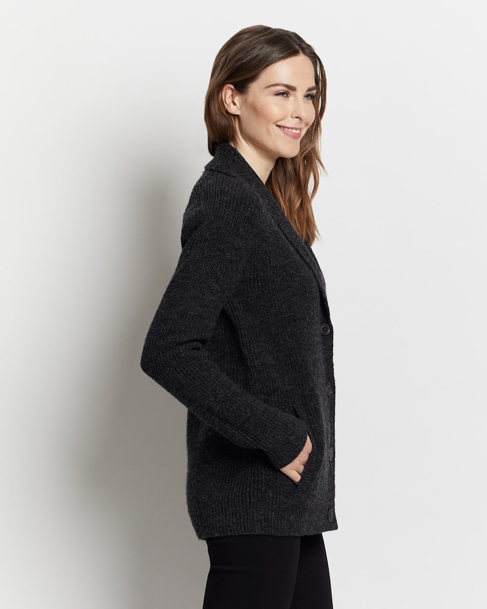 ALTERNATE VIEW OF WOMEN'S SHAWL-COLLAR SHETLAND CARDIGAN IN BLACK HEATHER image number 5
