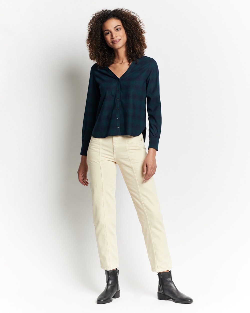 ALTERNATE VIEW OF WOMEN'S LENA MERINO V-NECK SHIRT IN GREEN/NAVY SHADOW PLAID image number 2