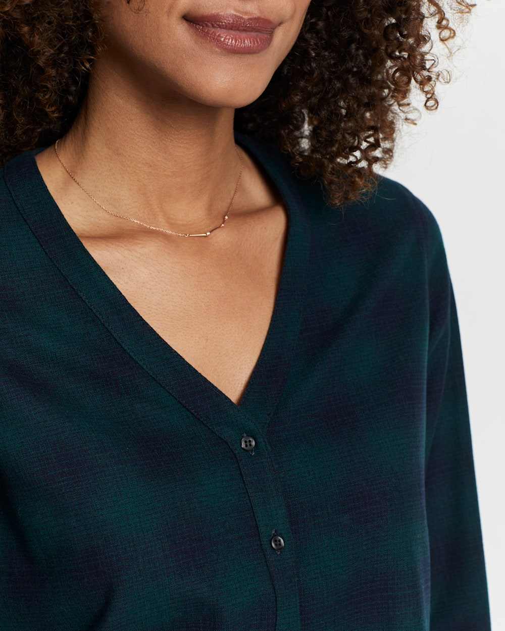 ALTERNATE VIEW OF WOMEN'S LENA MERINO V-NECK SHIRT IN GREEN/NAVY SHADOW PLAID image number 3