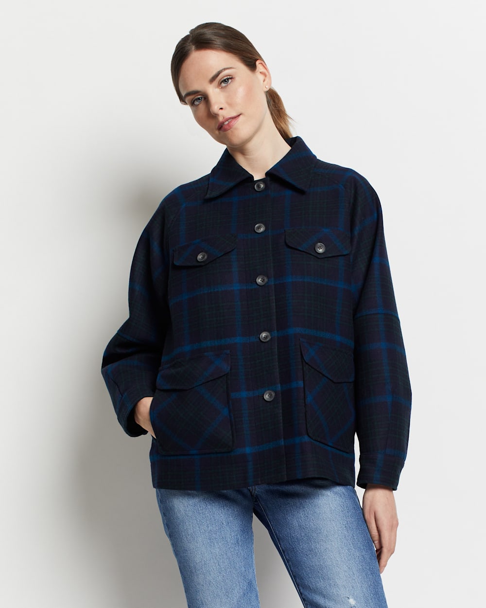 WOMEN'S MARIS WOOL COAT IN BLACK/BLUE PLAID image number 1