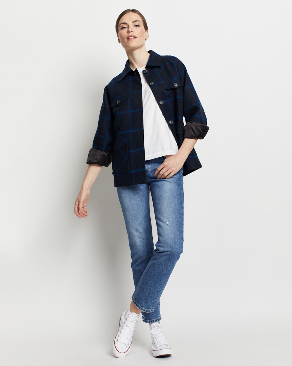 ALTERNATE VIEW OF WOMEN'S MARIS WOOL COAT IN BLACK/BLUE PLAID image number 2