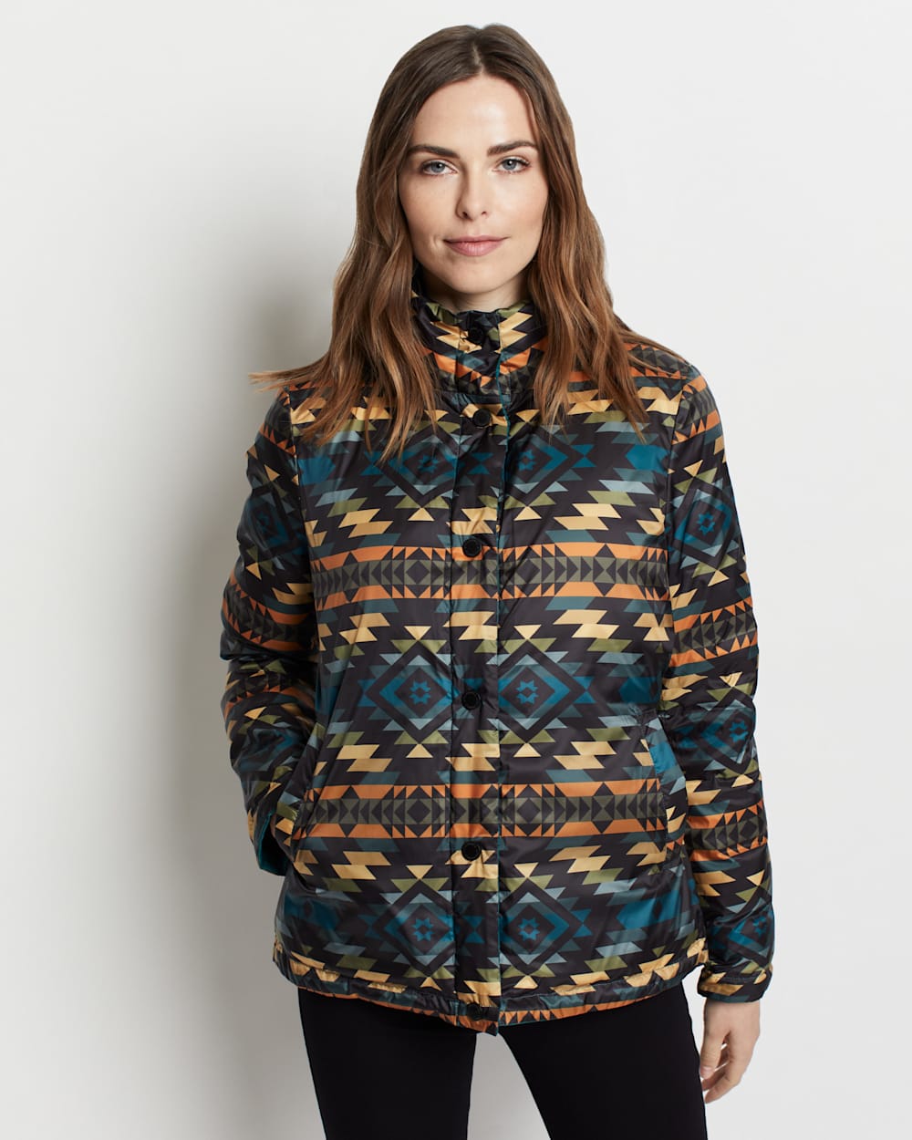 ALTERNATE VIEW OF WOMEN'S PACKABLE DOWN REVERSIBLE JACKET IN BLACK PUEBLO DWELLING image number 2