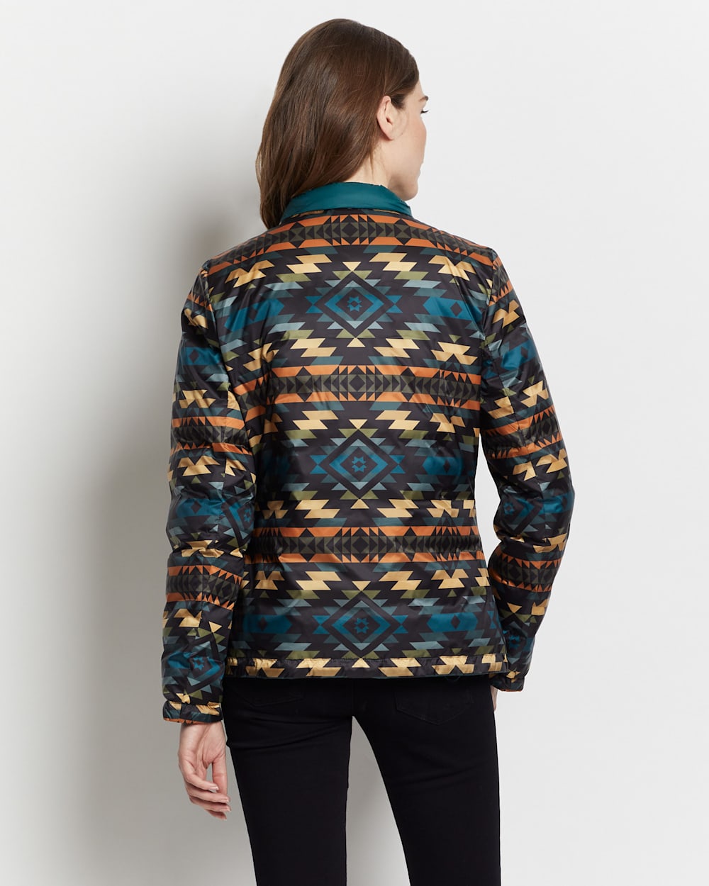 ALTERNATE VIEW OF WOMEN'S PACKABLE DOWN REVERSIBLE JACKET IN BLACK PUEBLO DWELLING image number 6
