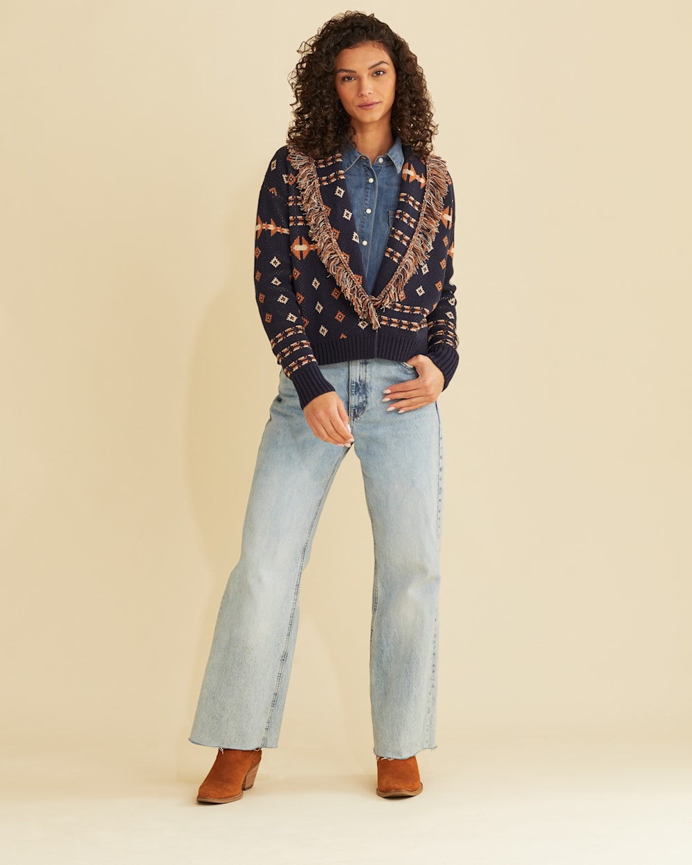 ALTERNATE VIEW OF WOMEN'S FRINGE SHAWL CARDIGAN IN NAVY MULTI image number 6