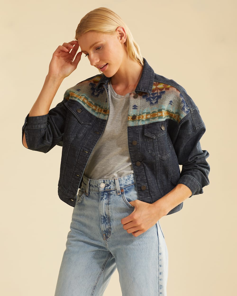 WOMEN'S DENIM/WOOL TRUCKER JACKET IN DESERT DAWN image number 1