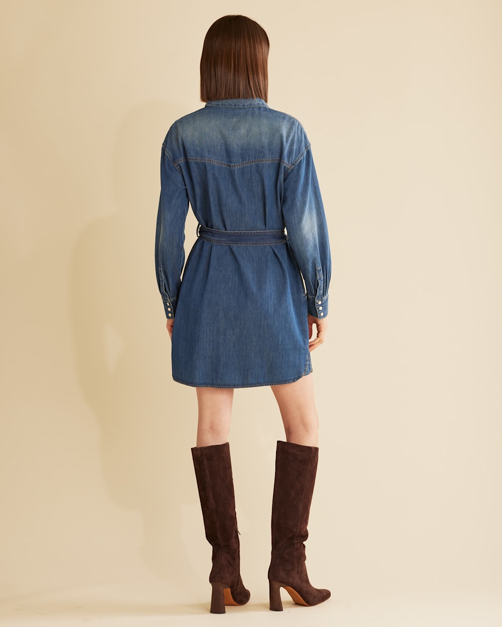 BACK VIEW OF WOMEN'S CHAMBRAY SHIRT DRESS IN MEDIUM BLUE image number 3