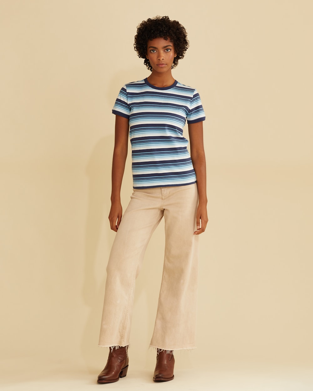 WOMEN'S DESCHUTES RINGER TEE IN BLUE MULTI STRIPE image number 1