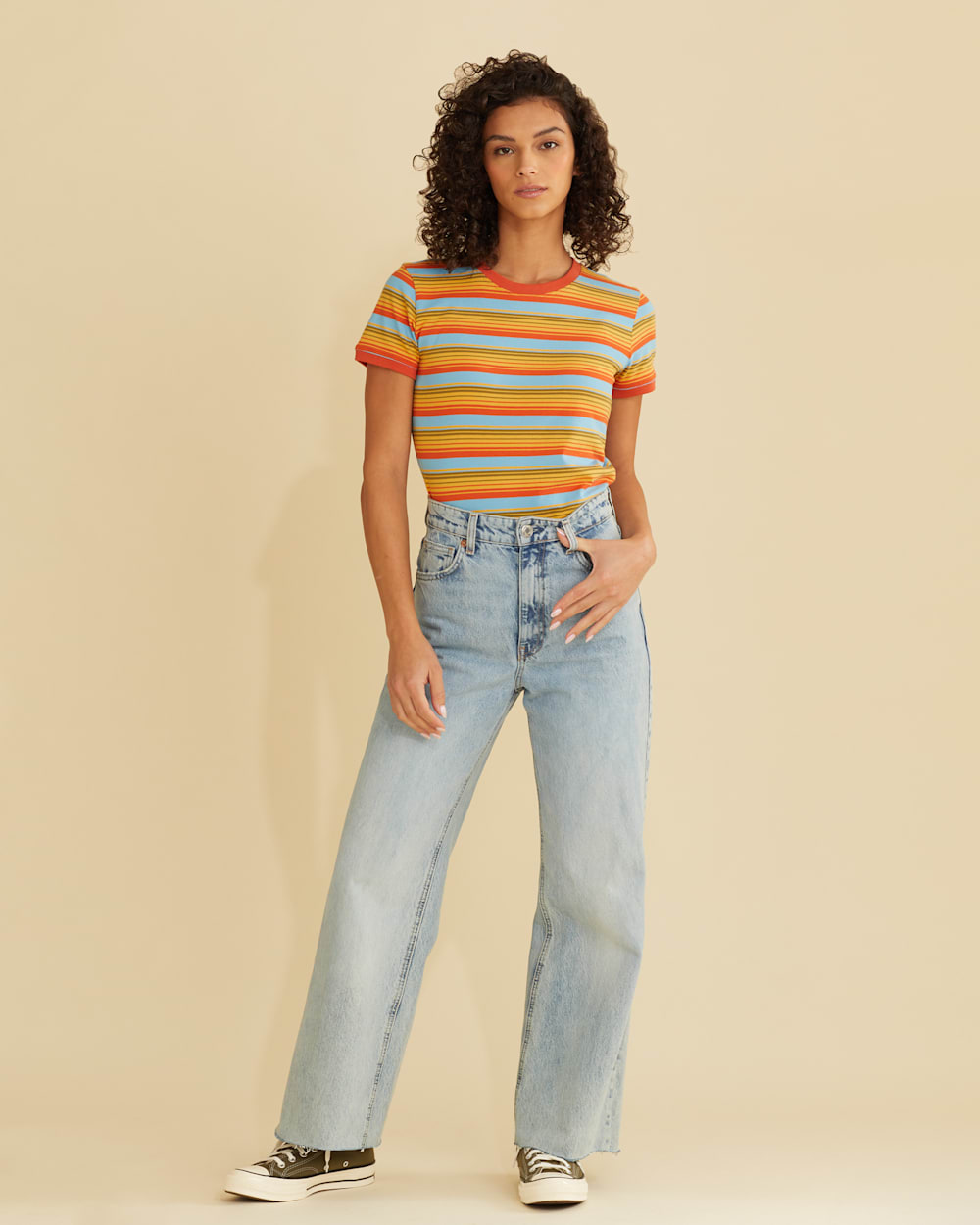 WOMEN'S DESCHUTES RINGER TEE IN RUST/BLUE STRIPE MULTI image number 1