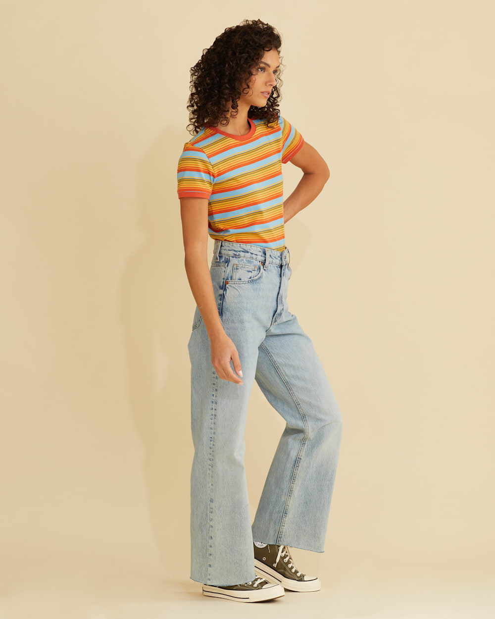 ALTERNATE VIEW OF WOMEN'S DESCHUTES RINGER TEE IN RUST/BLUE STRIPE MULTI image number 4