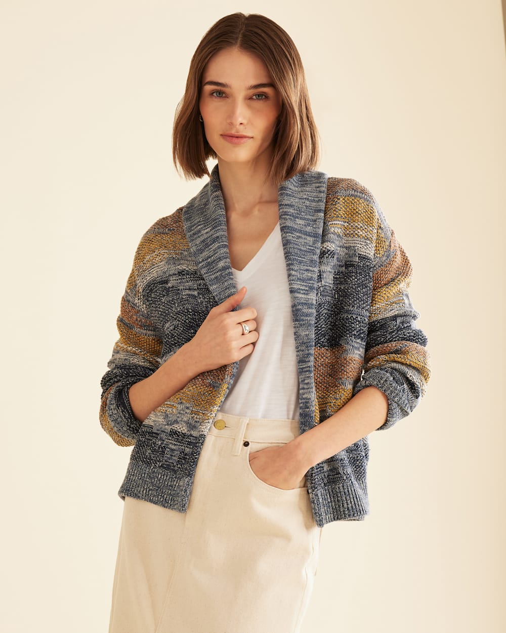 ALTERNATE VIEW OF WOMEN'S ELLIS COVE COTTON CARDIGAN IN VINTAGE BLUE MULTI image number 4