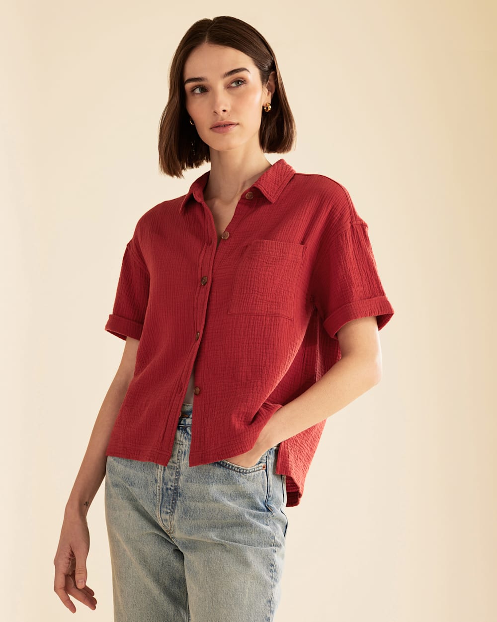 Checkout and Shop Women's Button-Up Cotton Gauze Shirt Checkout and Shop Women's Button-Up Cotton Gauze Shirt