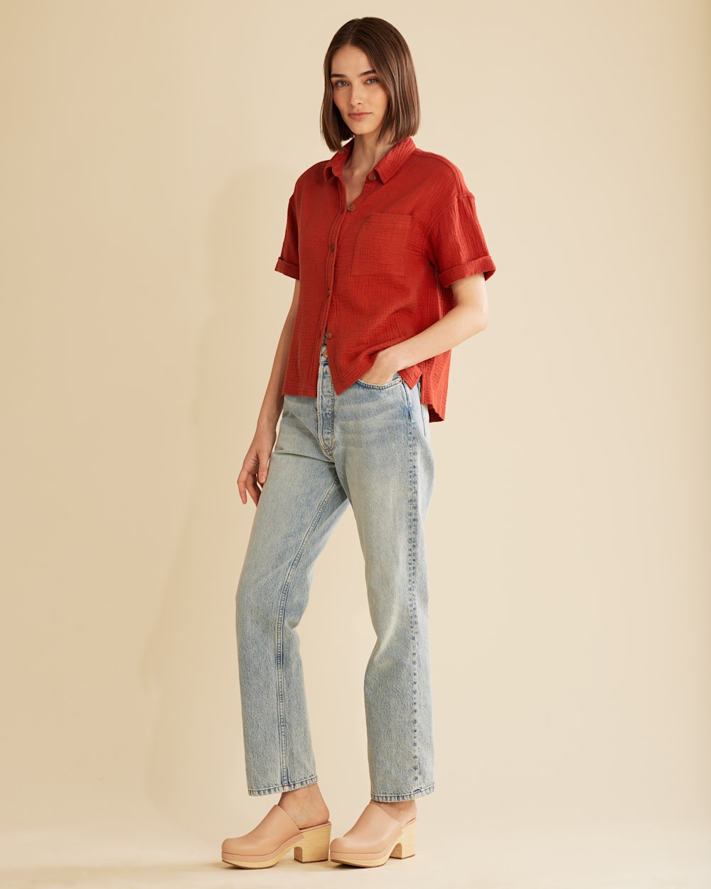 ALTERNATE VIEW OF WOMEN'S BUTTON-UP COTTON GAUZE SHIRT IN RED OCHRE image number 4