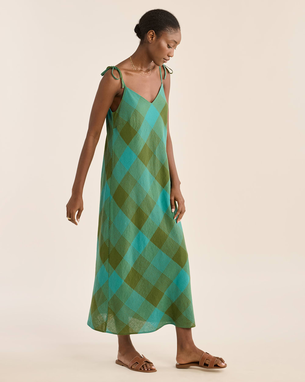 ALTERNATE VIEW OF WOMEN'S ASTORIA SLIP DRESS IN TEAL/GREEN CHECK image number 2