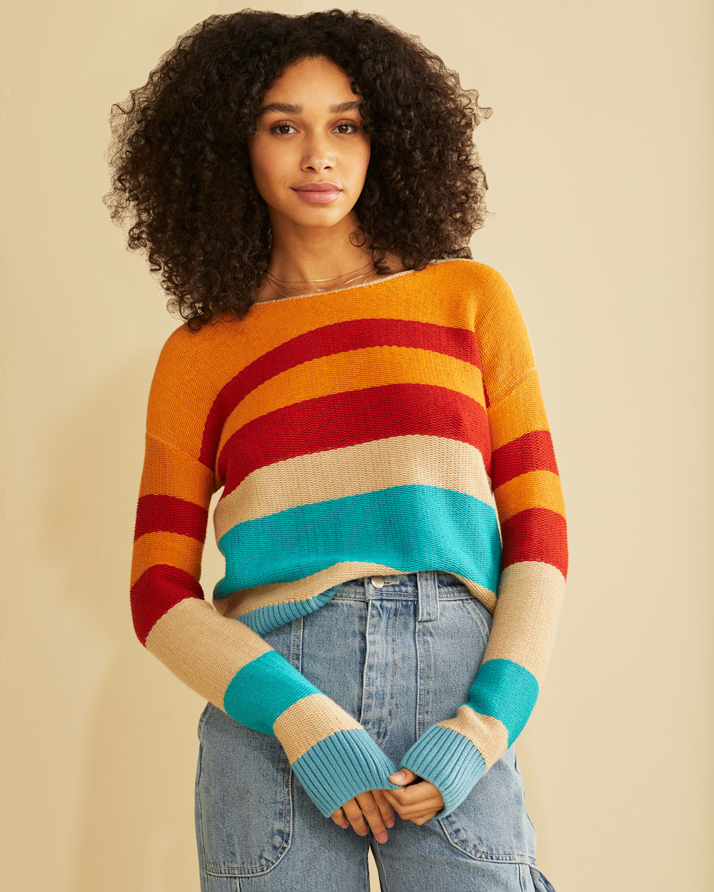 WOMEN'S BOLD STRIPE COTTON PULLOVER IN AQUA/ORANGE MULTI image number 1