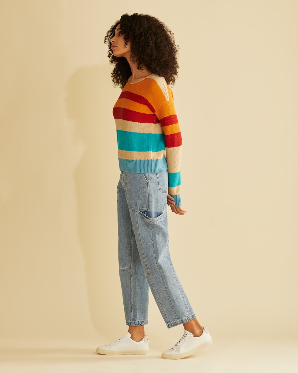 ALTERNATE VIEW OF WOMEN'S BOLD STRIPE COTTON PULLOVER IN AQUA/ORANGE MULTI image number 2