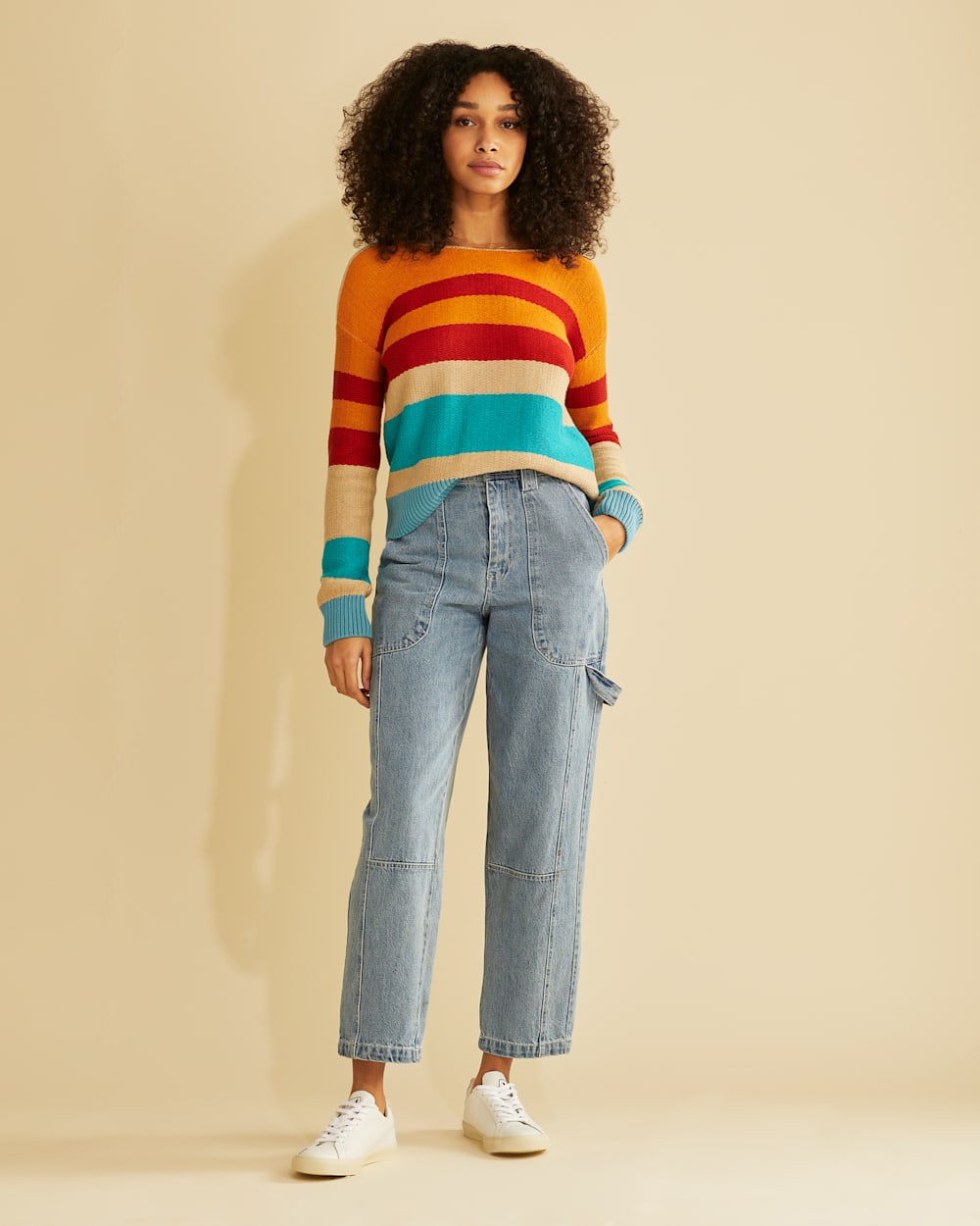 ALTERNATE VIEW OF WOMEN'S BOLD STRIPE COTTON PULLOVER IN AQUA/ORANGE MULTI image number 4