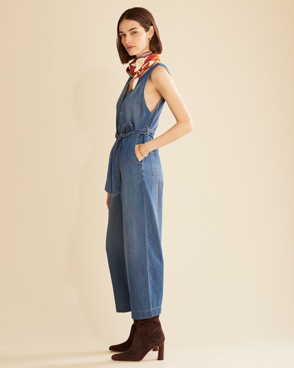 ALTERNATE VIEW OF WOMEN�S CHAMBRAY JUMPSUIT IN MEDIUM BLUE image number 2