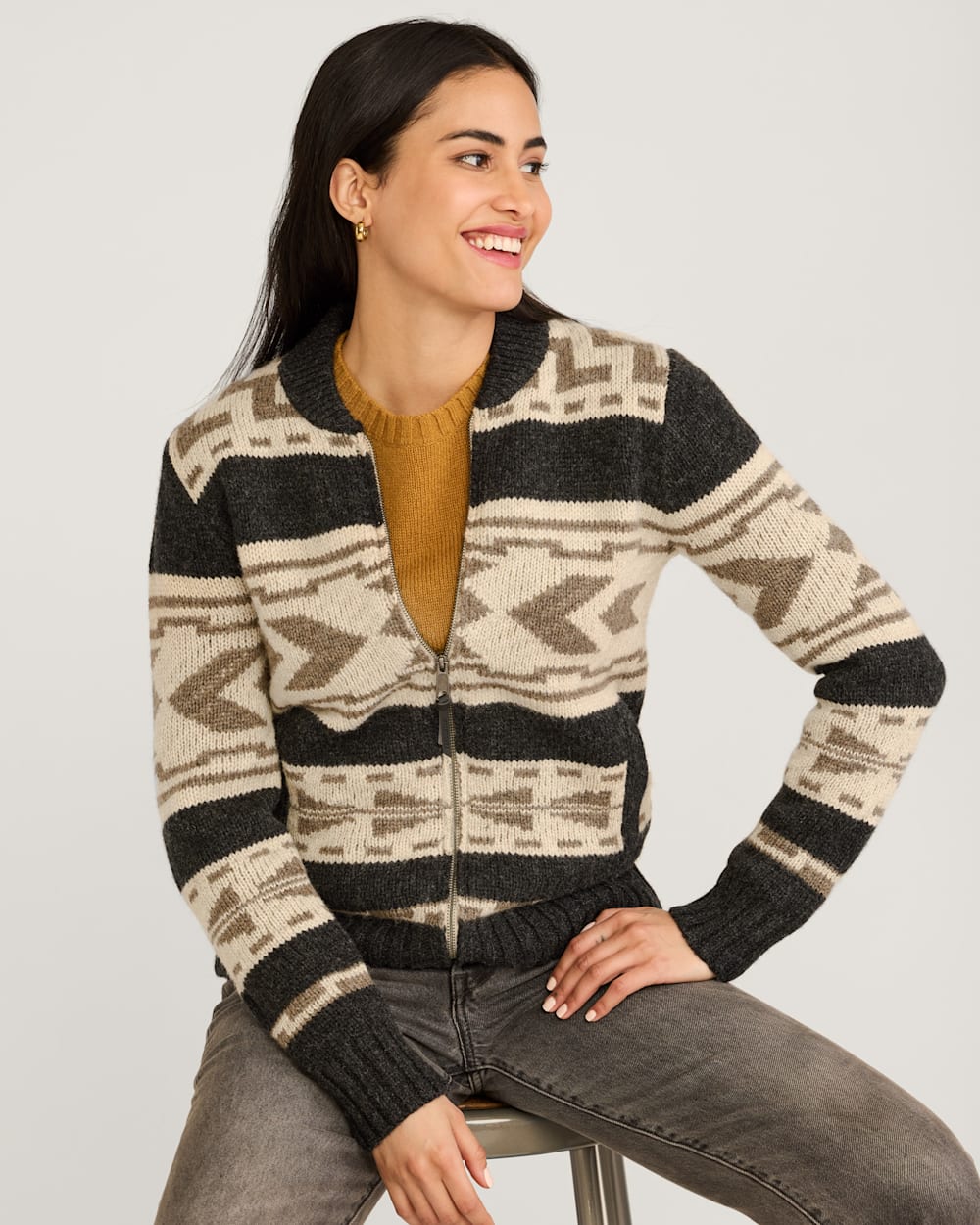 WOMEN'S GRAPHIC SHETLAND COLLECTION ZIP CARDIGAN IN OXFORD GREY MULTI image number 1