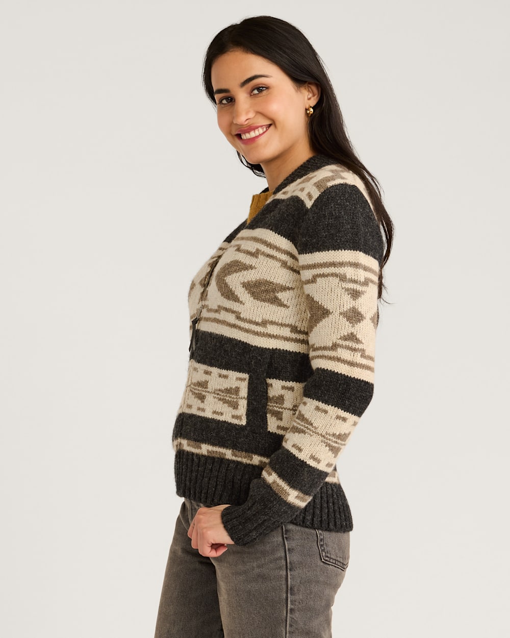 ALTERNATE VIEW OF WOMEN'S GRAPHIC SHETLAND COLLECTION ZIP CARDIGAN IN OXFORD GREY MULTI image number 2